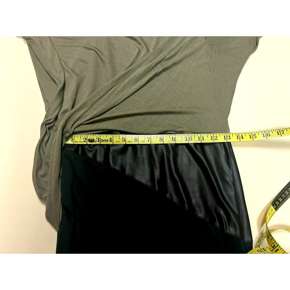 HELMUT LANG Asymmetric Drape Midi Dress Green Black Jersey Brown Vegan Leather S - Picture 10 of 12